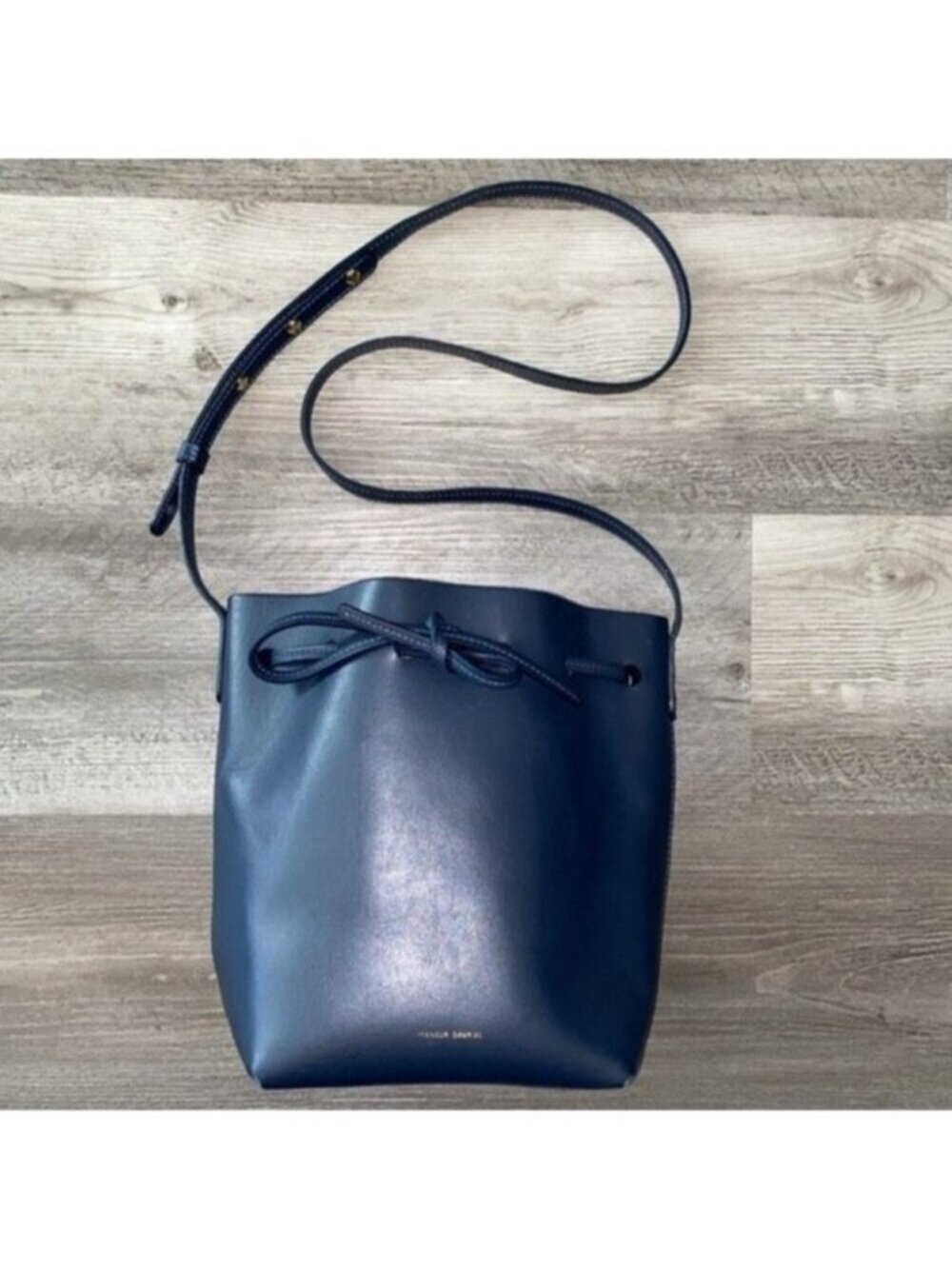Mansur Gavriel Leather Bucket Bag Drawstring Navy Blue Gold Hardware Purse $695 - Picture 15 of 15